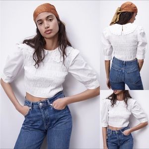 NWT Zara Peter Pan Collared Crop Eyelet Top Small